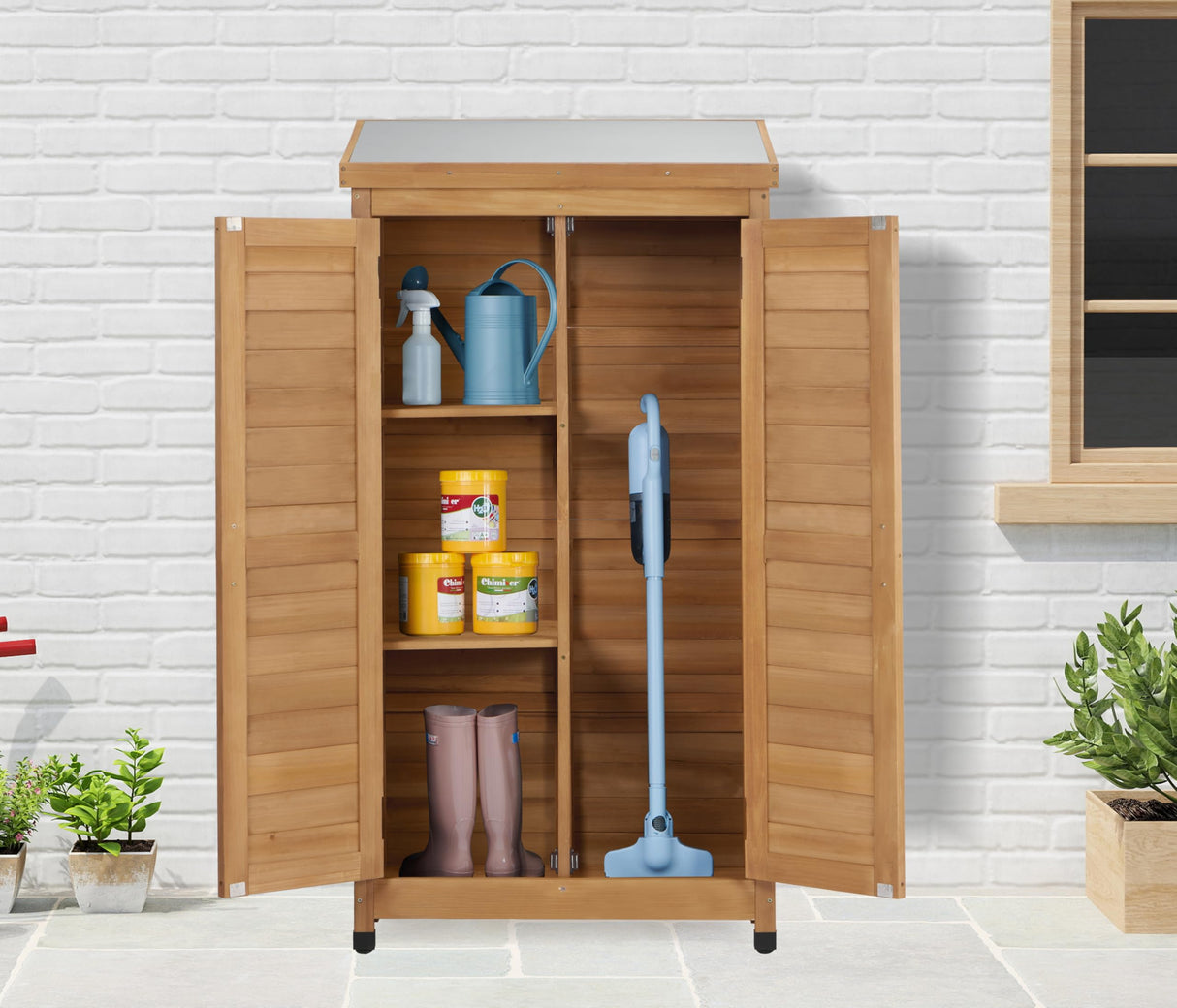 58''x30''x18'' Outdoor Wooden Storage Shed with Metal Top Tall Vertical Tool Cabinet for Backyard Garden Patio Lawn (Gold) Mederlo