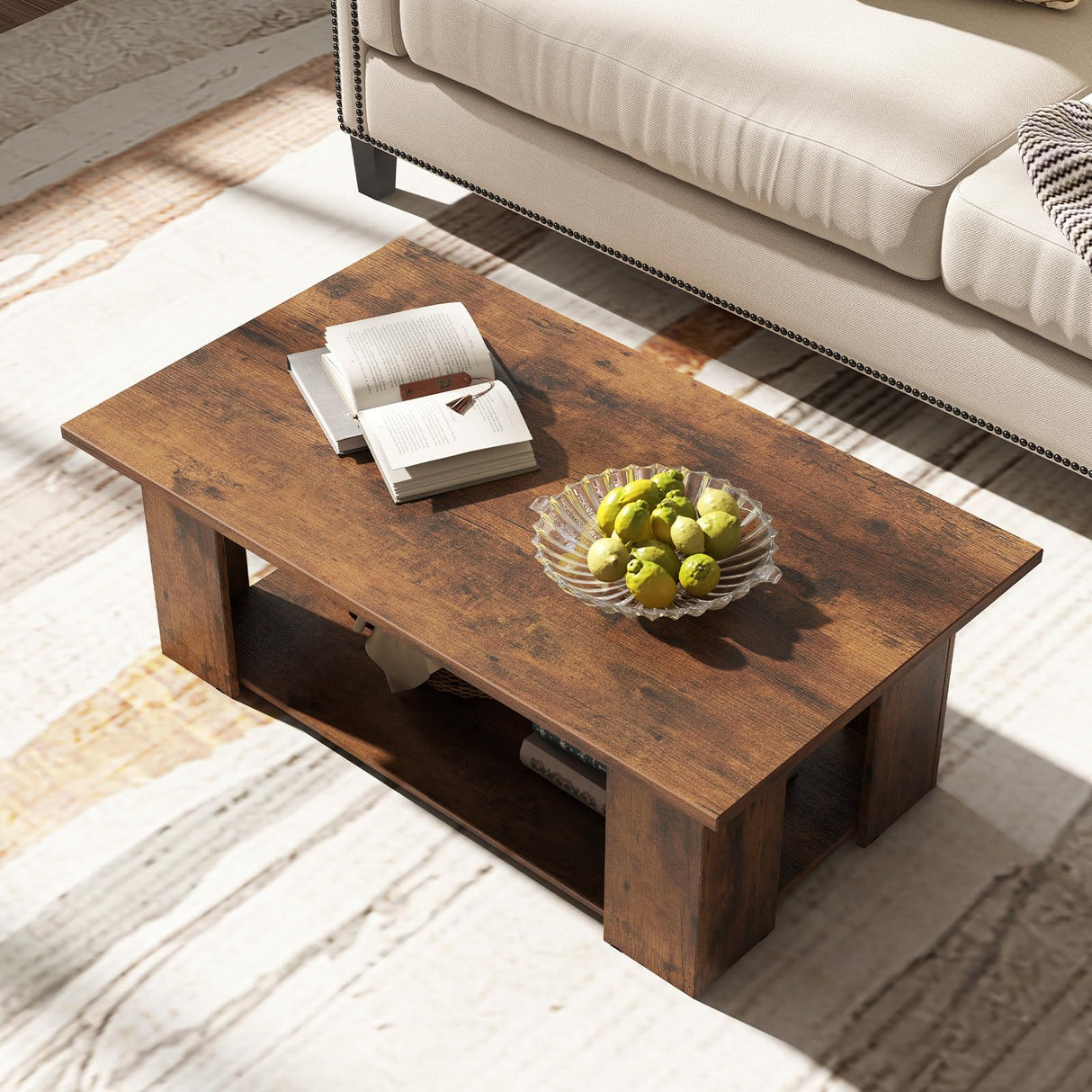 Tangkula 2-Tier Coffee Table, Modern Rectangular Center Cocktail Table with 5 Support Legs, Wooden Accent Living Room Furniture, Small Coffee Table for Small Spaces, Easy Assembly (Rustic Brown) Tangkula