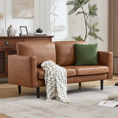 Kingfun 65" Loveseat Sofa, Faux Leather Love Seat Couch, Mid Century Modern Couch with Solid Wooden Frame for Living Room & Bedroom in Small Spaces, Brown