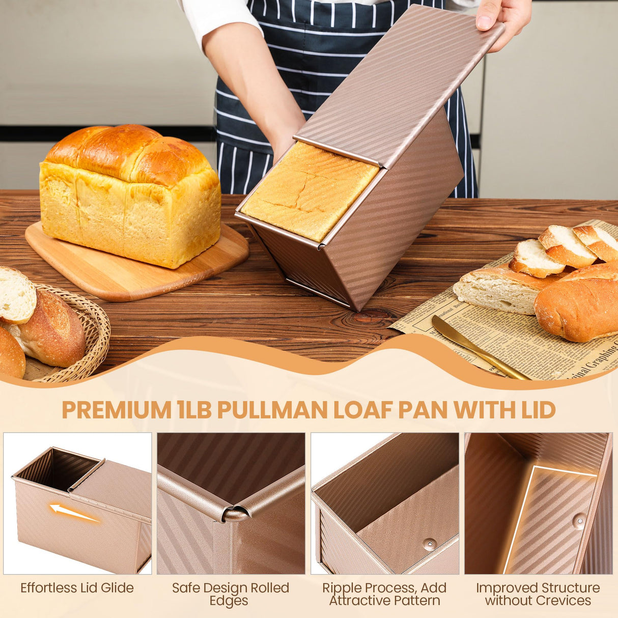 Yupjlia Pullman Loaf Pan with Lid, Premium 1 lb Dough Nonstick Bread Pan with Lid for Homemade Bread, Heavy Duty Carbon Steel Corrugated Sandwich Bread Loaf Pan with Cover for Baking Bread, Bakeware Yupjlia