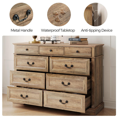 LINSY HOME Farmhouse 9 Drawers Dresser for Bedroom, Wood Bedroom Dresser Farmhouse Drawer Chest, 9 Chest of Drawer, Tall Dresser for Closet, Dressers Organizer for Living Room, Closet, Hallwa - WoodArtSupply