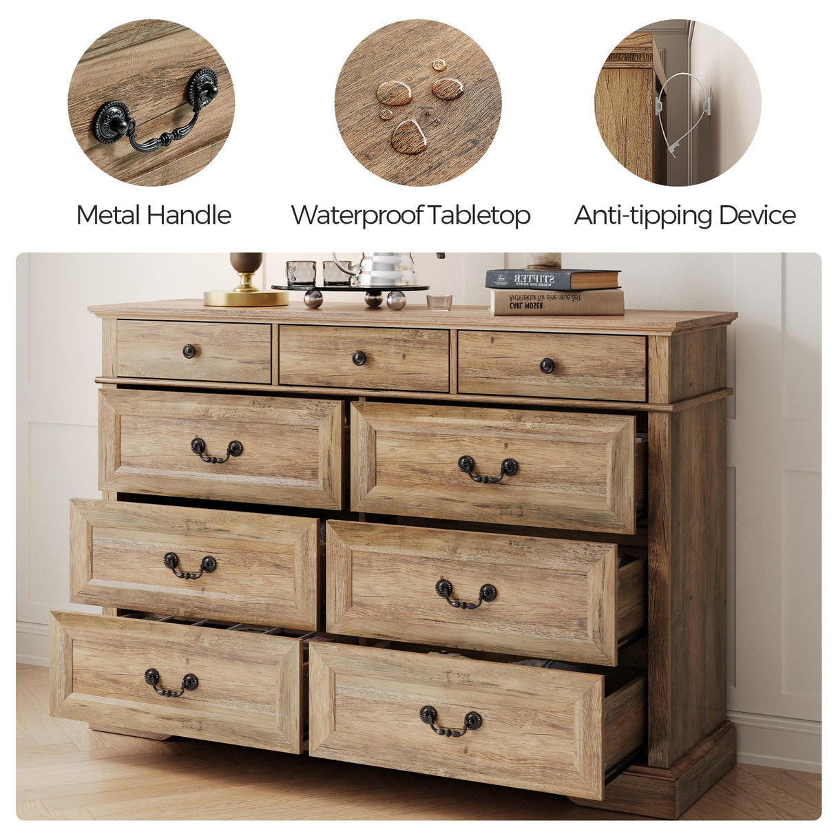 LINSY HOME 9 Drawers Dresser for Bedroom, Wood Bedroom Dresser Farmhouse Drawer Chest, 9 Chest of Drawer, Tall Dresser for Closet, Dressers Organizer for Living Room, Closet, Hallway, Rustic Oak LINSY HOME