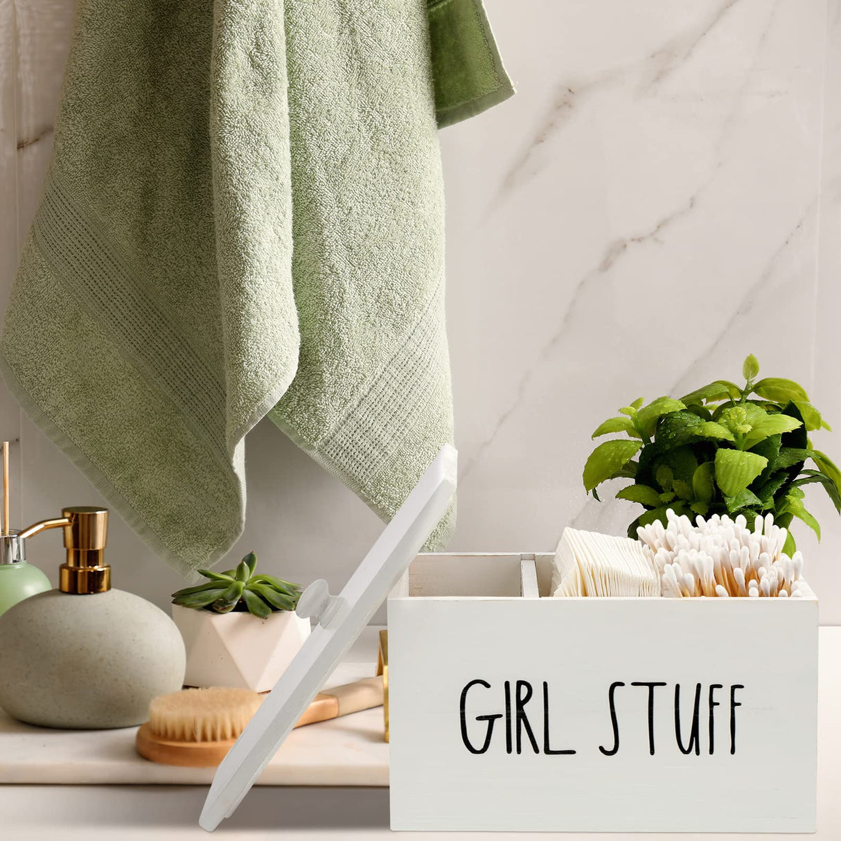 Otuuz Tampon Holder for Bathroom with Lid Tampon Storage Pad Container for Bathroom Feminine Product Organizer Wood Farmhouse Bathroom Organizer Countertop Storage Box Movable Partition(Blank Style) Otuuz