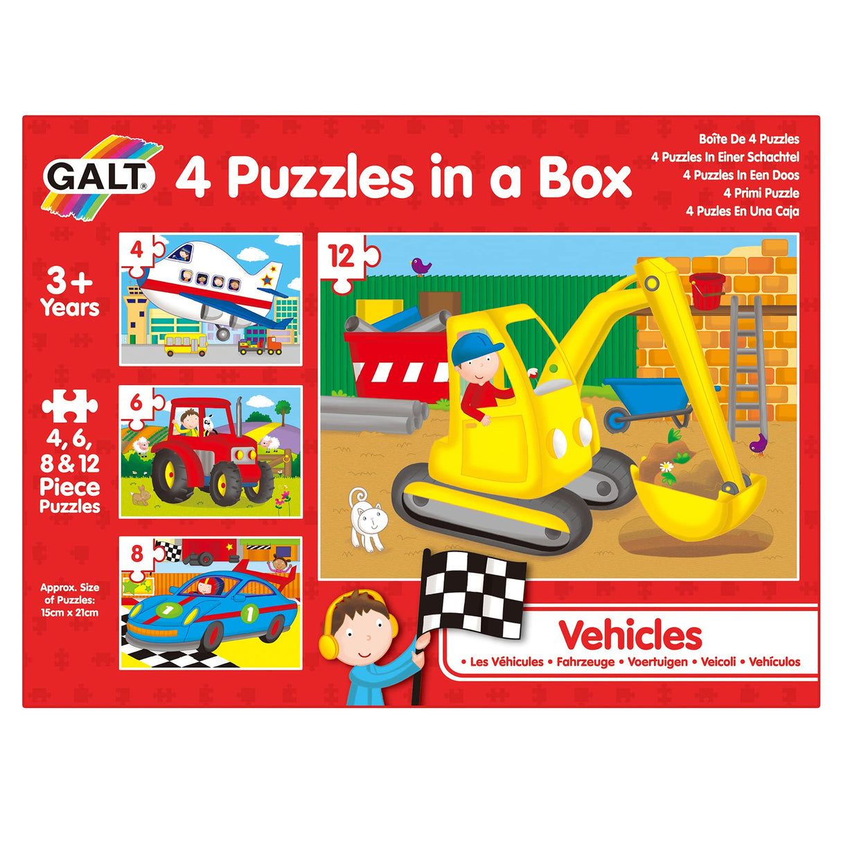 Galt Toys, 4 Puzzles in a Box - Vehicle Themed, Multi Sized/Piece Puzzles, Ages 3 Plus Years Galt