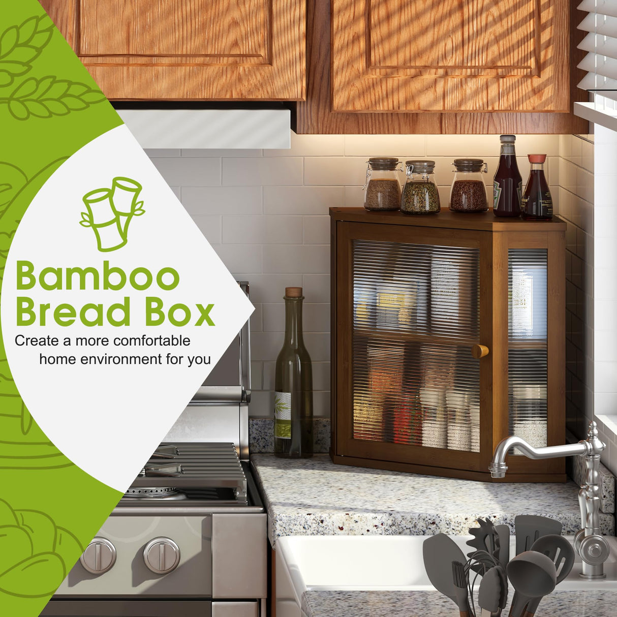BMOSU Corner Bread Box for Kitchen Countertop Double Layer Bamboo Wooden Bread box Large Capacity Bread Storage Bin(Brown, Medium) BMOSU