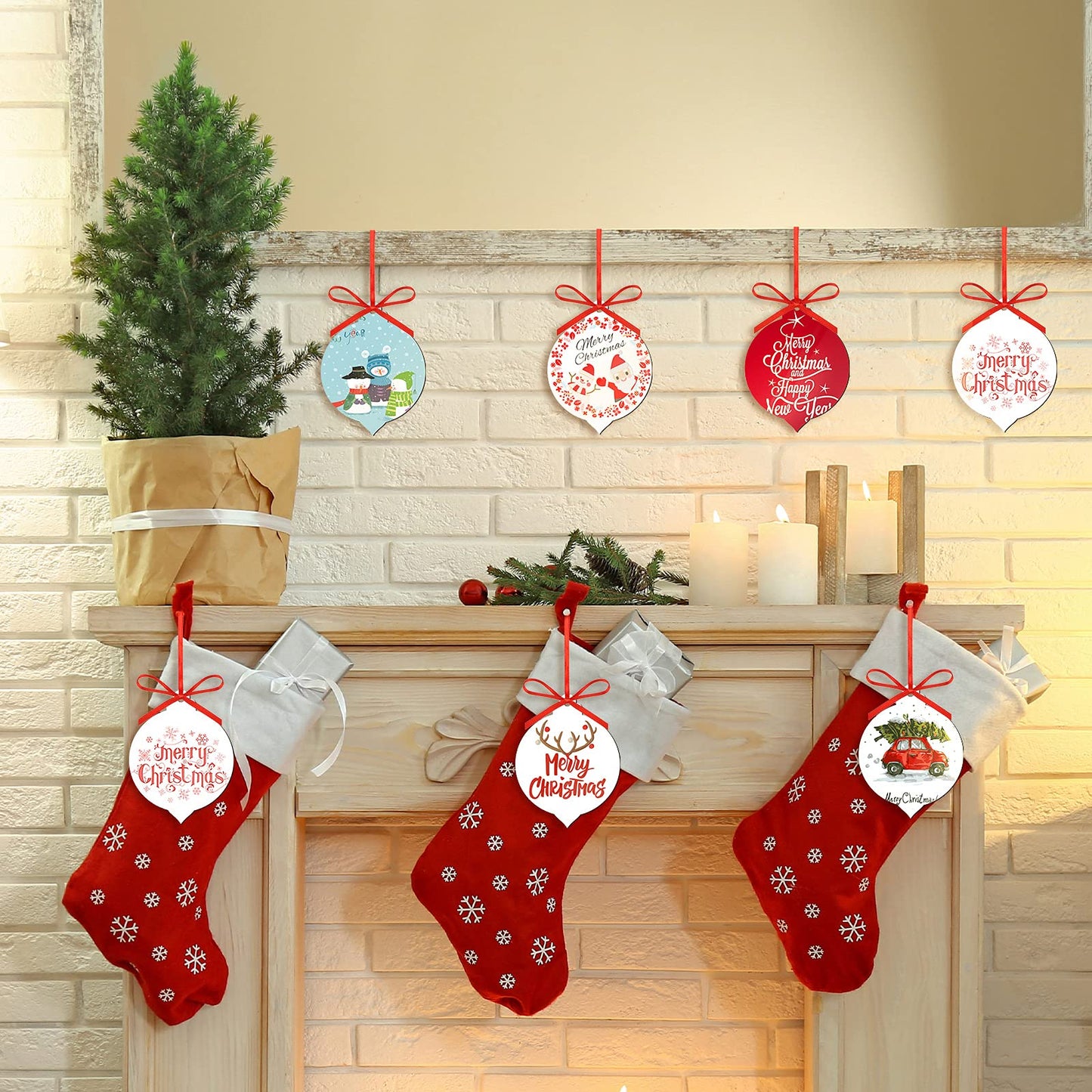 15 Sublimation Ornament Christmas DIY Blanks Round MDF Personalized Sublimation Blank Pendants Blank Hanging Bulk Ornaments Christmas Tree Decor for Craft Party Supplies Home Decoration with Red Rope