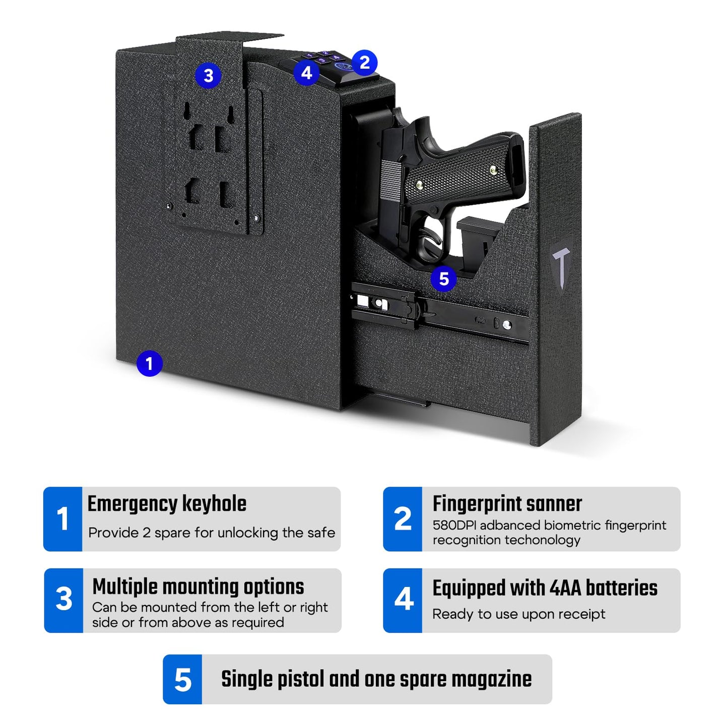 TOVOWORT Biometric Gun Safe,Gun Safe for Handgun 0.1S Quick Access Gun Safe for Nightstand with Fingerprint PIN Code and Key,Hidden Gun Safe Box for Home Bedside Car