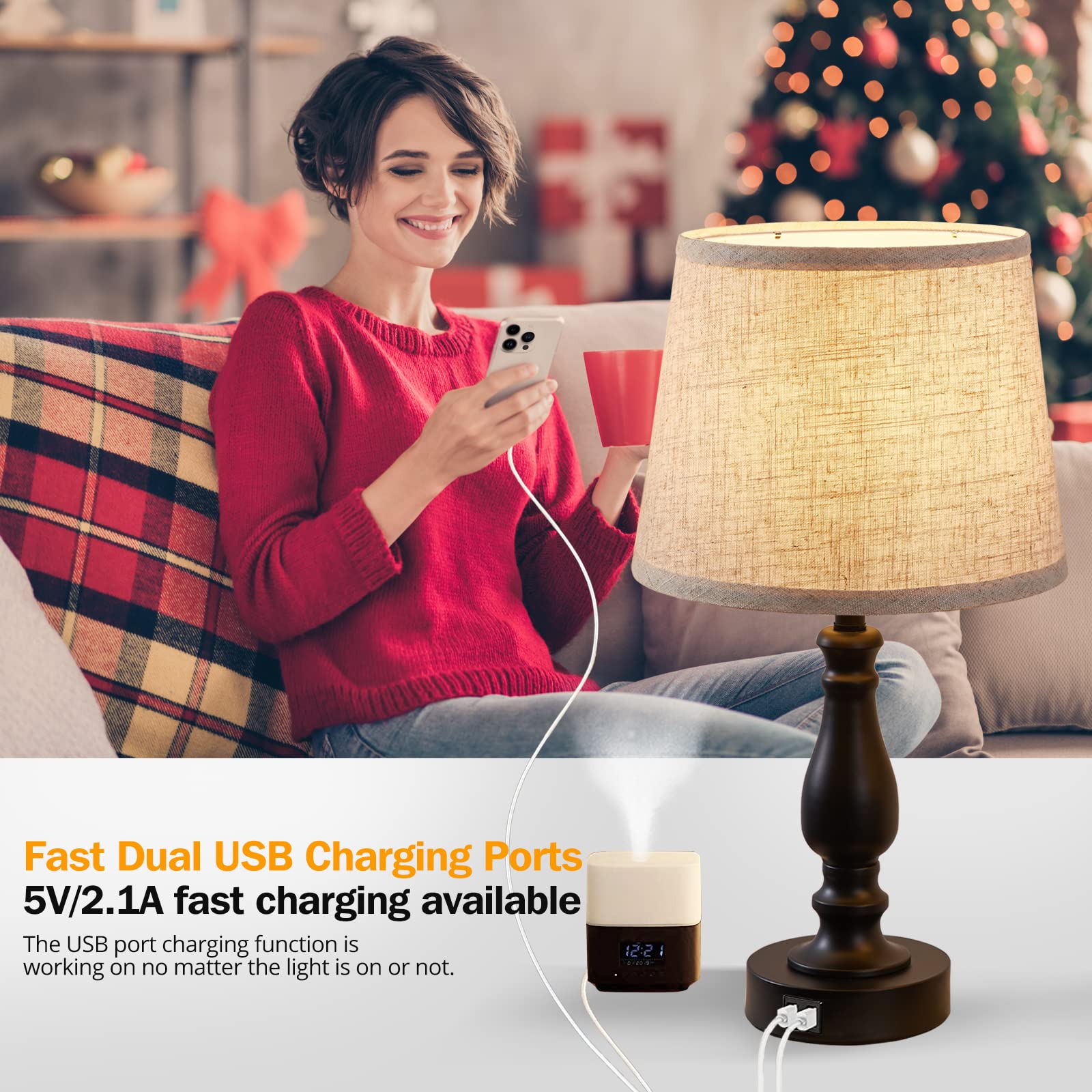 EJIAXIN Table Lamps Set of 2, Bedside Nightstand Lamps with USB Charging Ports, 3 Way Dimmable Touch with Linen Fabric Lampshade, Modern Small Lamp for Bedrooms, Living Room (Bulbs Included) - WoodArtSupply