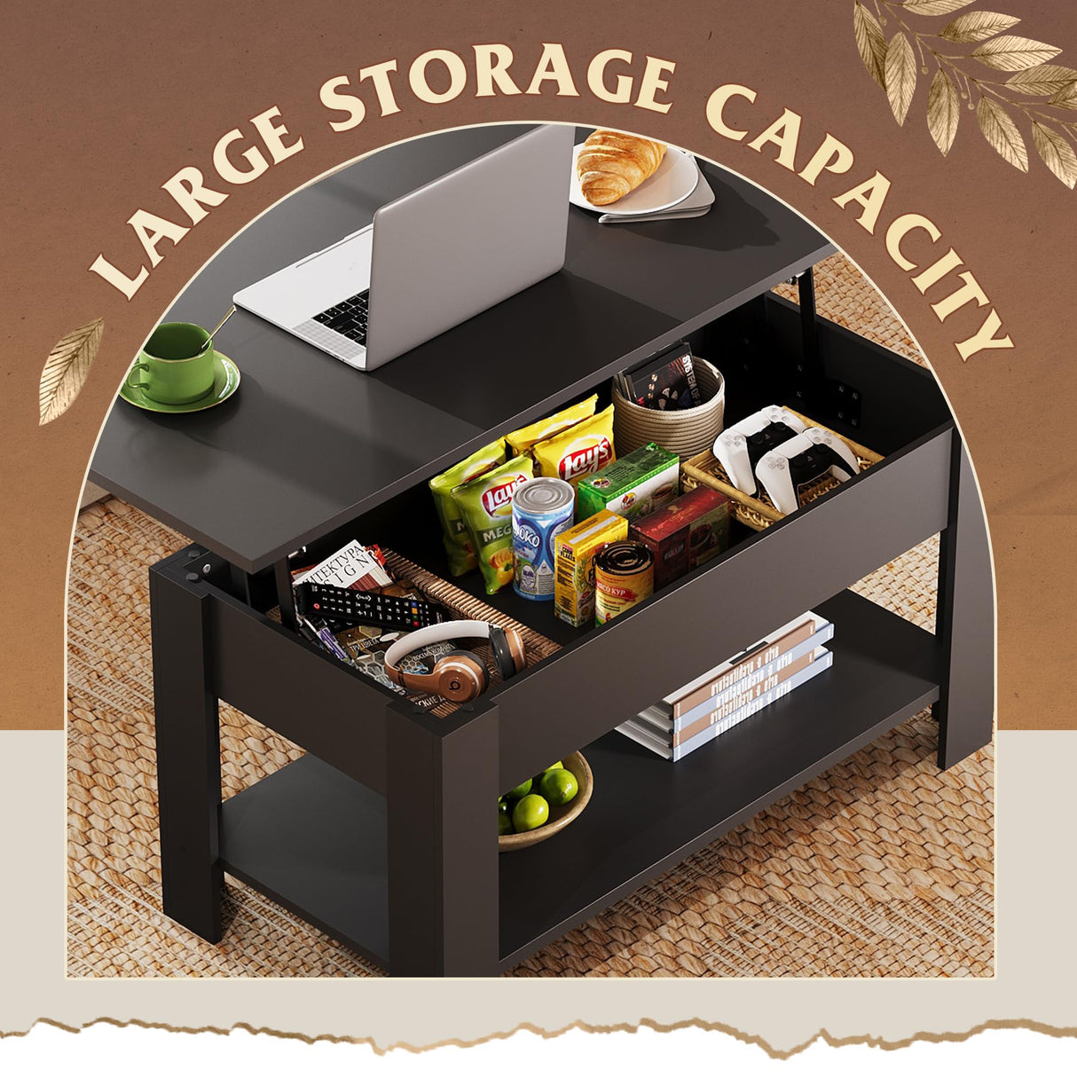 WLIVE Coffee Table, 39" Lift Top Coffee Table with Hidden Compartment, Storage Shelf and Lifting Top for Home Living Room, Office and Reception Room, Black WLIVE