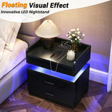 TC-HOMENY Floating Nightstand with 2 Drawers, LED Nightstand with Voice-Activated Mode, Side Table End Table with Charging Station (Black) TC-HOMENY
