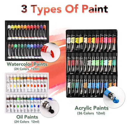 141PCS Deluxe Artist Painting Set, Painting Supplies with 84 Paint(Oil, Watercolor，Acrylic Paint) Metal and Wooden Easels, Canvas, Paper Pads, Paintbrushes etc. for Adults, Kids, Artists