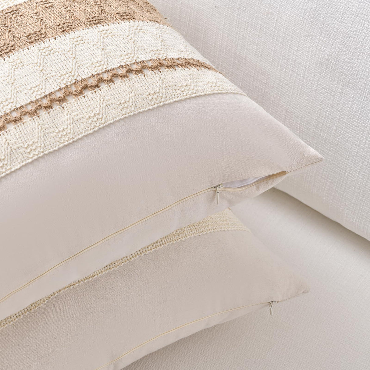 Fancy Homi Set of 2 Boho Neutral Decorative Throw Pillow Cover 18x18 Inch for Couch Bed Sofa, Aesthetic Modern Organic Farmhouse Home Decor, Soft Cotton Cute Accent Macrame Woven Tan Cushion Case Fancy Homi