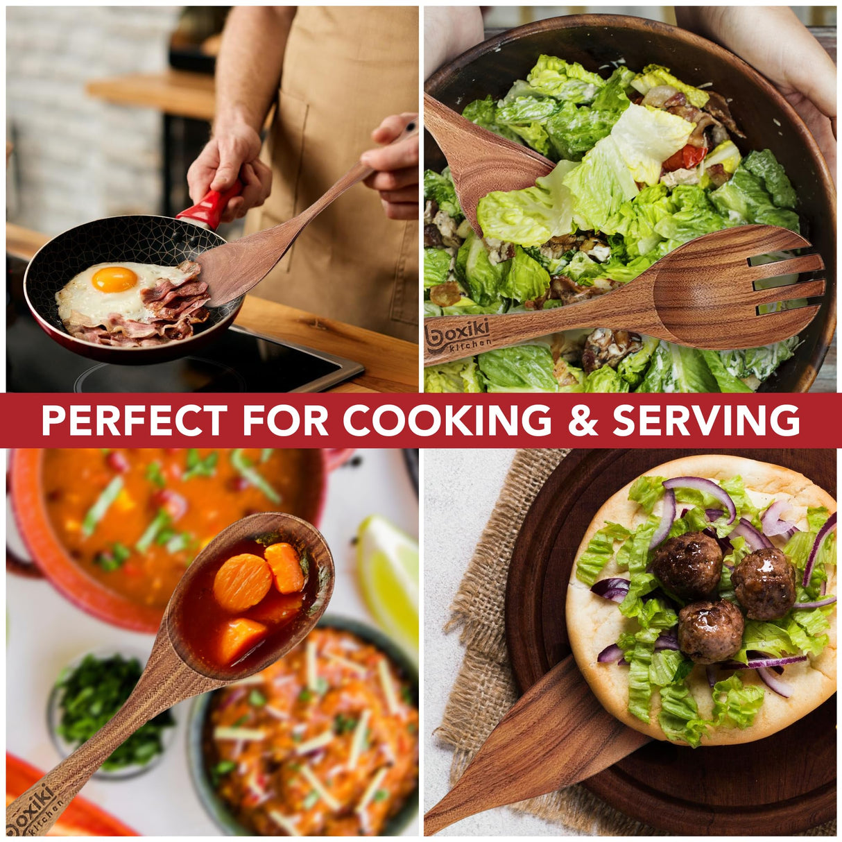 Luxury Teak Wood Utensil Set - Elegant 6-Piece Cooking Ensemble Including Spoons, Server, Scraper & Spatula - Expertly Crafted for Culinary Excellence Boxiki Kitchen