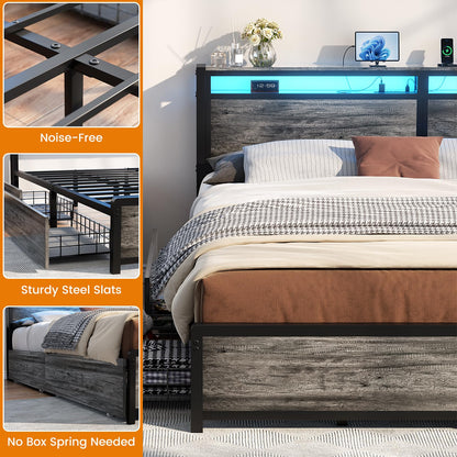 Homieasy King Size Bed Frame with 4 Storage Drawers and Charging Station, Sturdy Platform Bed with Storage Headboard and LED Light, No Box Spring Needed, Easy Assembly, Black Oak