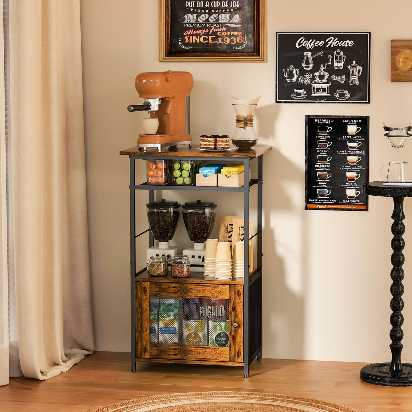 X-cosrack Coffee Bar Station, 3-Tier Small Coffee Stand Station with Storage, Farmhouse-Style Buffets and Sideboards Coffee Bar Cabinet Featuring 1-Door Cabinet for Living Room, Entryway, Kitchen