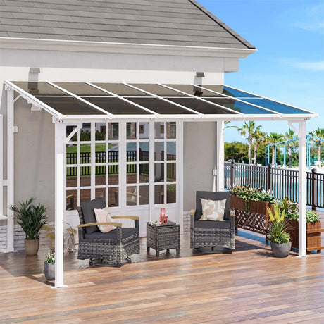 MEISSALIVVE 8' x 12' Wall Mounted Lean to Metal Awnings with Sloped Roof, Outdoor Patio Gazebo Awning for Backyard, Deck, White MEISSALIVVE