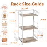 White Purse Organizer, 3-Tier Floor Standing Bag Rack Stand Featuring Side Hooks and Baskets, Adjustable Feets, High Capacity Metal & Wood Handbag Holder Design for Closet Storage, Patent Pending koozuuyk