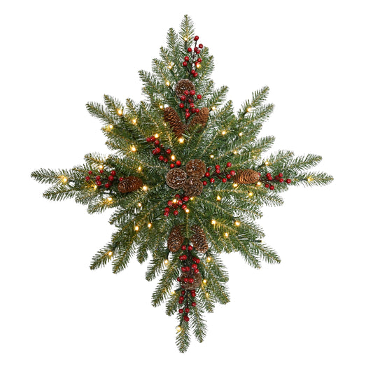 Puleo International 32" Pre-Lit Flocked Snowflake Christmas Wreath, Green