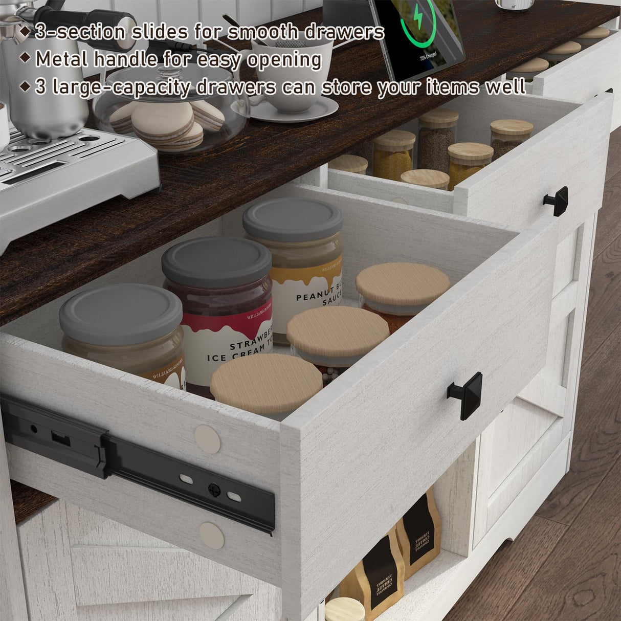 Hlivelood Farmhouse Coffee Bar Cabinet, 54" Kitchen Buffet Storage Cabinet with Drawers & Barn Doors, Sideboard Buffet Cabinet Coffee Bar for Dining Room, Living Room, Antique White Hlivelood