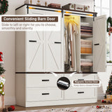 Farmhouse 4 Doors Armoire Wardrobe Closet w/Folding Sliding Barn Door and Lights, LED Armoire Closet w/Drawers for Bedroom, Freestanding Wooden Wardrobe Storage Closets w/Hanging Rod,Antique White jiteentarou