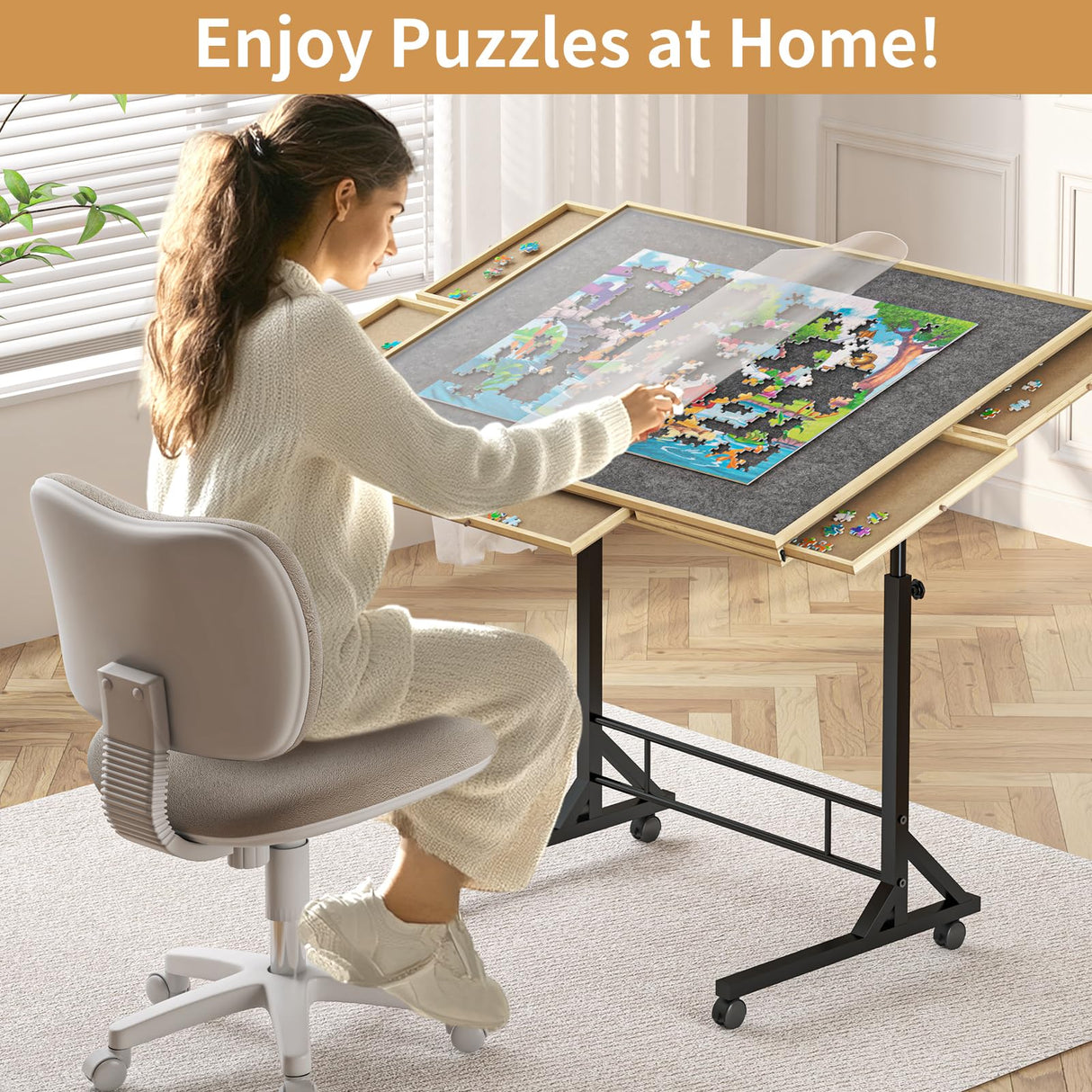 1500 Piece Jigsaw Puzzle Table with 6 Drawers and Legs, Adjustable 34"x 26" Wooden Puzzle Board with 4 Wheels, Height and Angle Adjustable Gifts for Adults and Kids PLYFOU