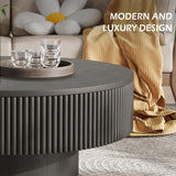 YOUDENOVA 31.5” Round Fluted Coffee Table, Modern Wood Circle Coffee Table, Veneer Handcrafted Relief Tea Table with Sturdy Pedestal for Living Room，Easy Assembly - Black YOUDENOVA