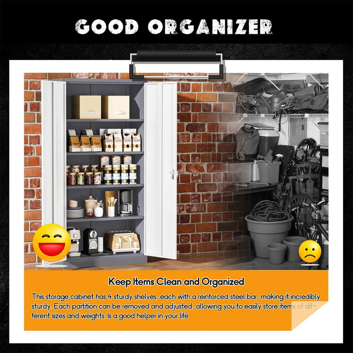 Greenvelly Metal Garage Storage Cabinet, Tall Locking Storage Cabinet with 2 Doors and 4 Adjustable Shelves, Steel Tool Cabinet, Lockable Filling Cabinet for Home, Office, Garage, School (Gray White) Greenvelly