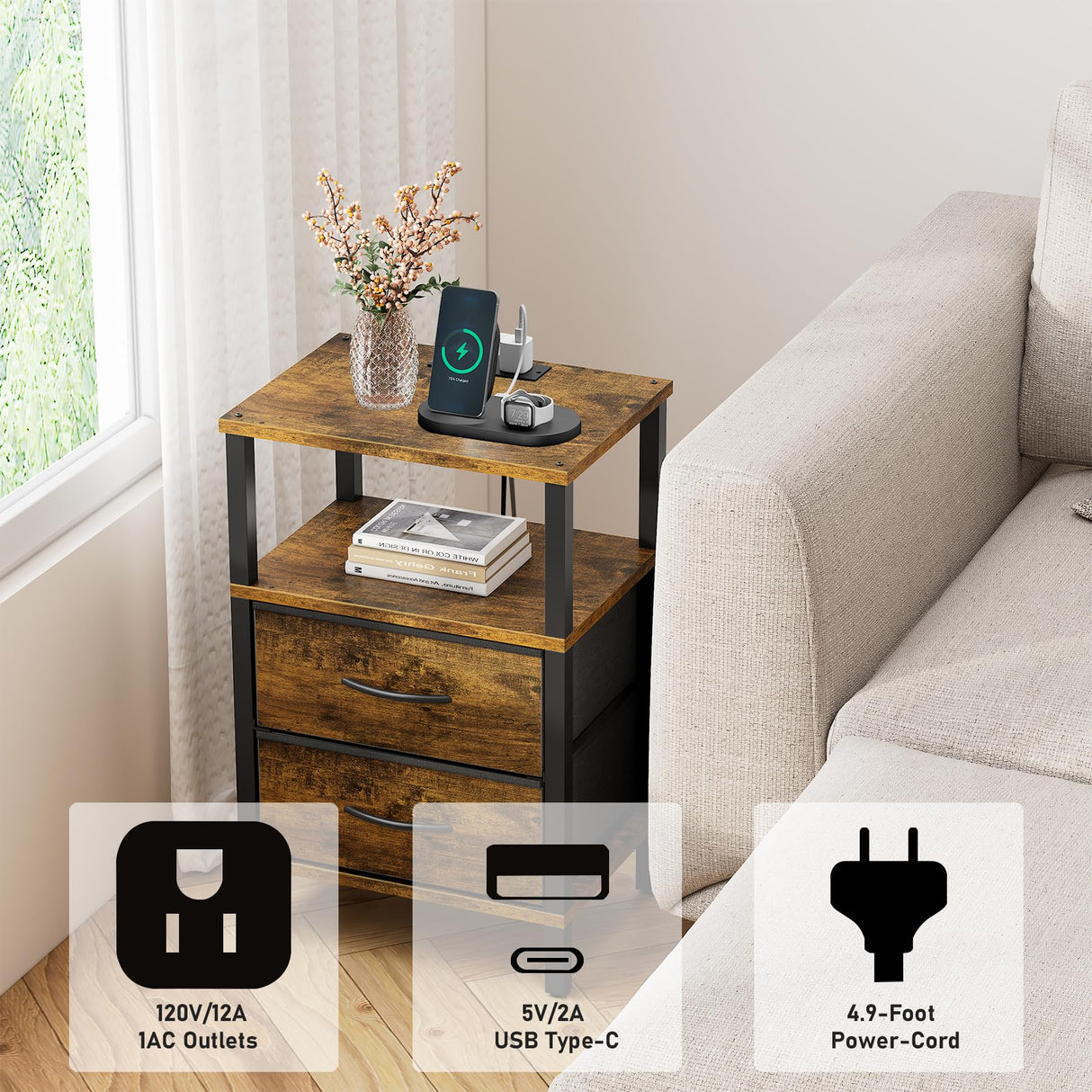 TUTOTAK End Table with Charging Station, Side Table with 2 USB Ports and Outlets, Nightstand with Cloth Drawer, Set of 2, Couch Table, Brown TB01BB067 TUTOTAK