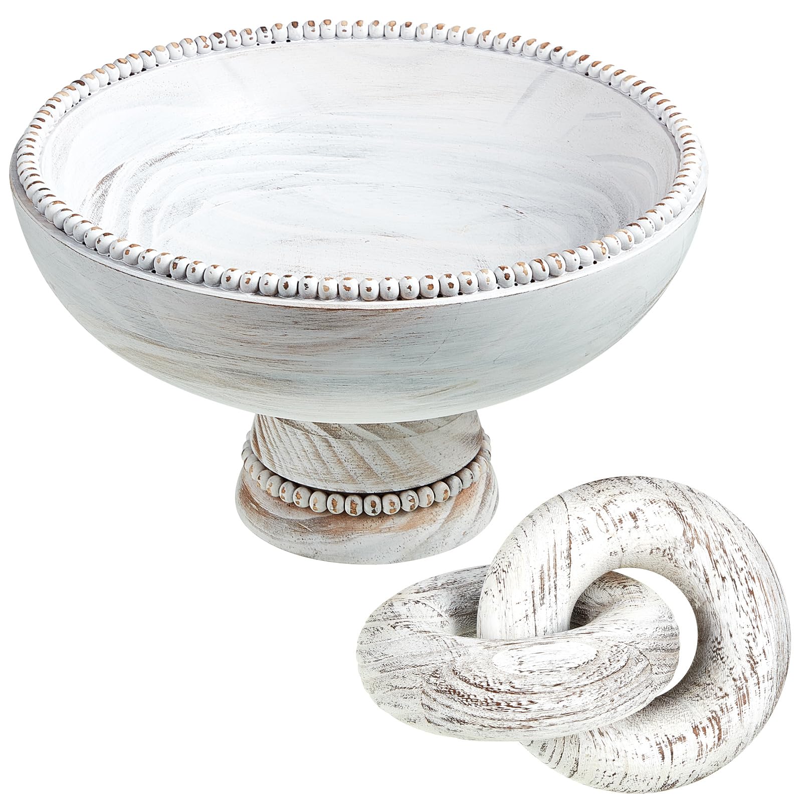 2 Pieces Beaded Wood Pedestal Bowl Diameter 9.8 Inch Wood Knot Decor Pedestal Bowl White Decorative Bowl Coffee Table Decor Farmhouse Decorative Bowl for Farmhouse House Room Desk Shelf Decor - WoodArtSupply