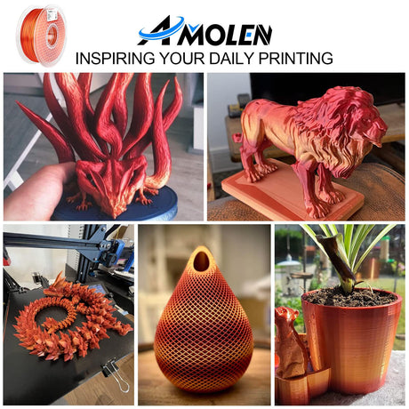 AMOLEN Silk PLA Gradient 3D Printing Filament, 1KG Spool 1.75mm Silk Shiny Red Gold Gradient Printer Filament 2.2lb Brighter New Version, Compatible with 3D Printer and 3D Pen AMOLEN