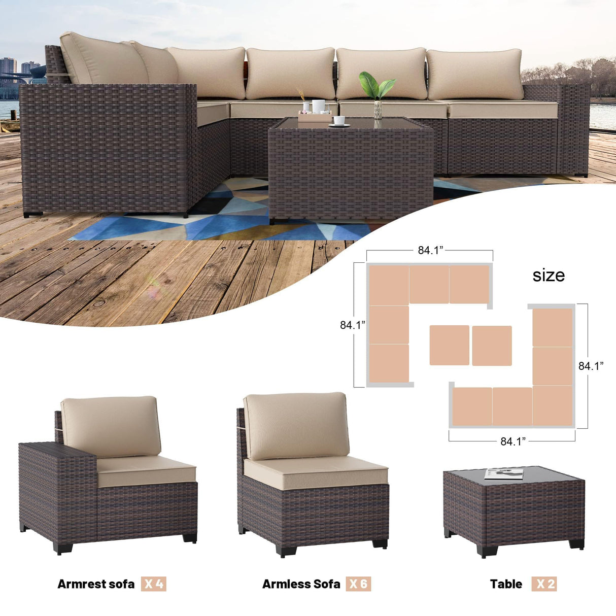 Kullavik 12 Pieces Outdoor Patio Furniture Set PE Wicker Rattan Sectional Sofa Patio Conversation Sets,Sand Kullavik