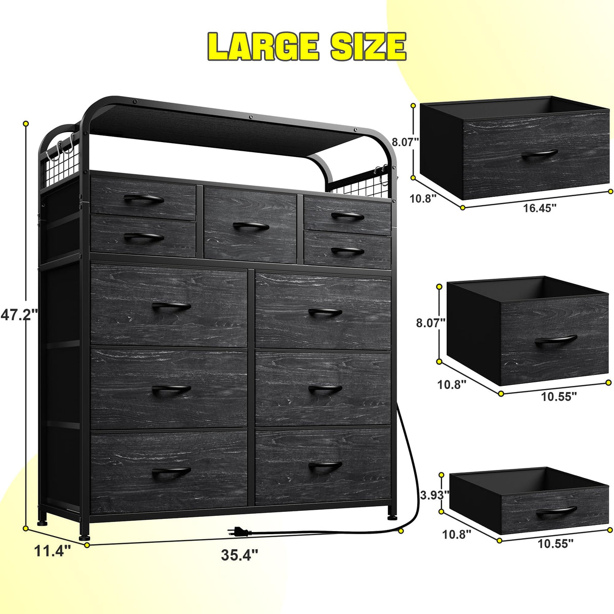EnHomee Black Dresser with LED Lights & Charging Station,11 Drawers Dresser with 2 Tier Shelves & 4 Hooks, Fabric Dresser for Bedroom, Closet, Living Room, Entryway,Sturdy Frame,Wooden Top EnHomee