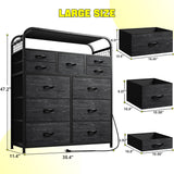 EnHomee Black Dresser with LED Lights & Charging Station,11 Drawers Dresser with 2 Tier Shelves & 4 Hooks, Fabric Dresser for Bedroom, Closet, Living Room, Entryway,Sturdy Frame,Wooden Top EnHomee