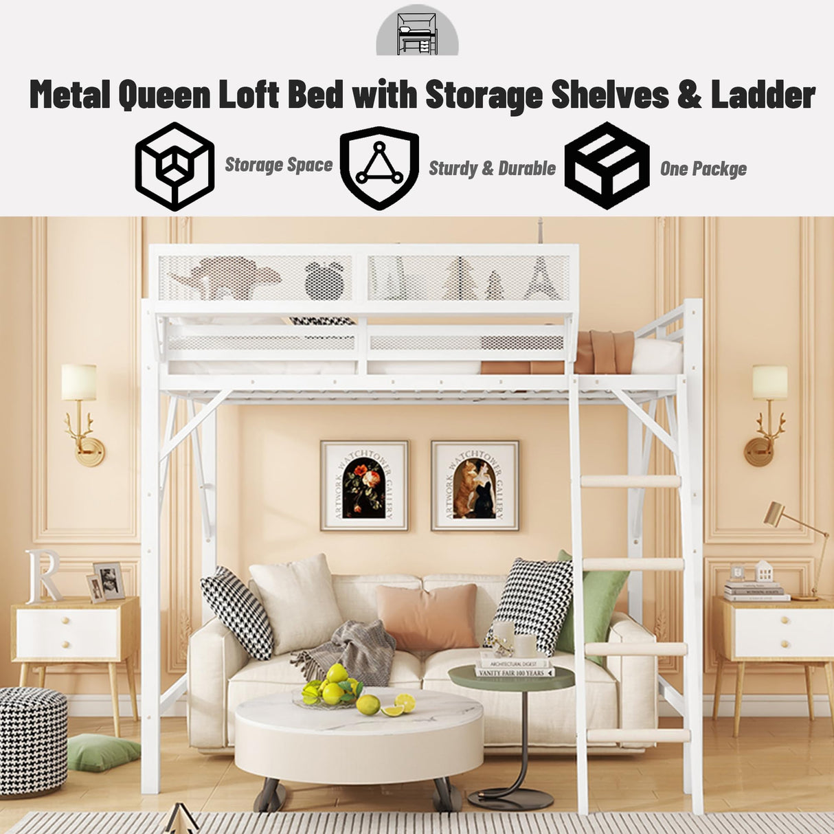 OYUMOENTS Queen Size Loft Bed Frame for Adults, Metal Queen Loft Bed with Storage Shelves & Ladder, Heavy-Duty Beds Frame with Large Under-Bed Space, No Squeaking for Kids Teens Adults, White OYUMOENTS