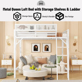 OYUMOENTS Queen Size Loft Bed Frame for Adults, Metal Queen Loft Bed with Storage Shelves & Ladder, Heavy-Duty Beds Frame with Large Under-Bed Space, No Squeaking for Kids Teens Adults, White OYUMOENTS