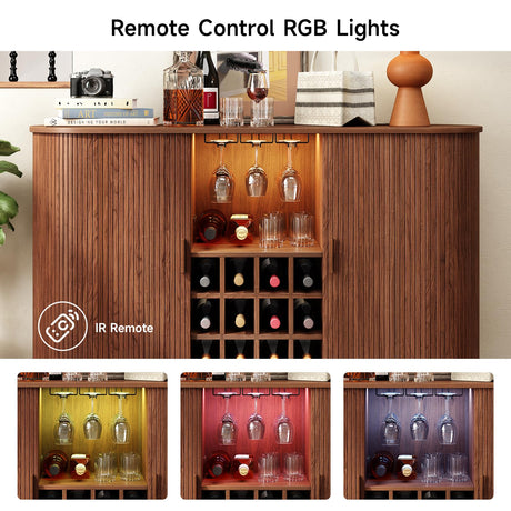 ONBRILL 55" Wine Bar Cabinet with LED Light,Modern Liquor Whiskey Coffee Station with Wine Rack and Glass Holder, Farmhouse Buffet Sideboard with Storage for Living Room, Kitchen, Entryway (Walnut) ONBRILL