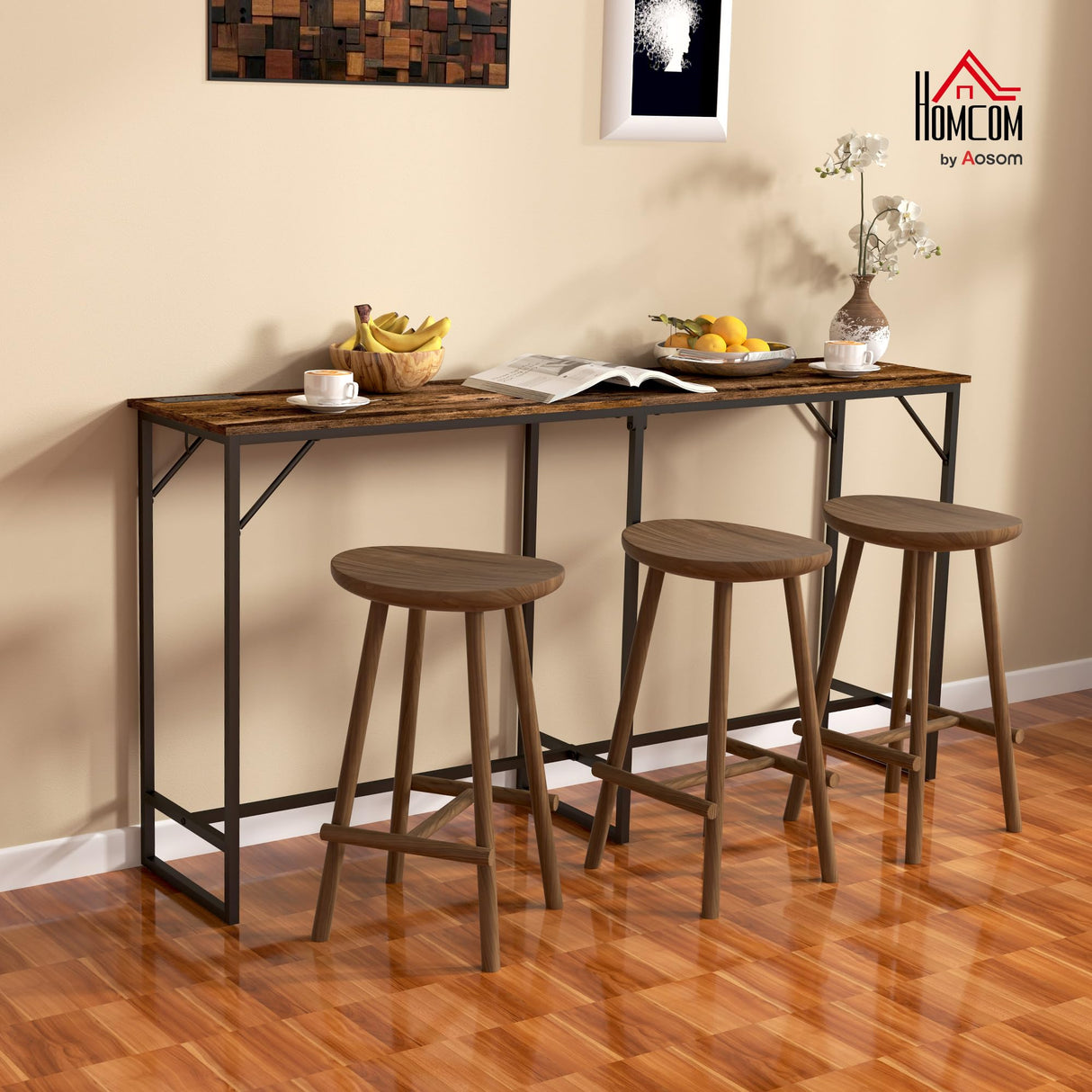 HOMCOM 70" Long Counter Height Table with Charging Station, Industrial Style Rectangular Bar Table with Steel Frame for Dining Room, Kitchen, Rustic Brown HOMCOM