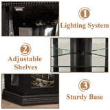 MWrouqfur 70'' Corner Curio Cabinet with Lights, Black Display Cabinet with Glass Doors, Corner China Cabinets with Adjustable Tempered Glass Shelves, Gift to Wife/Friends/Mother (Black) MWrouqfur