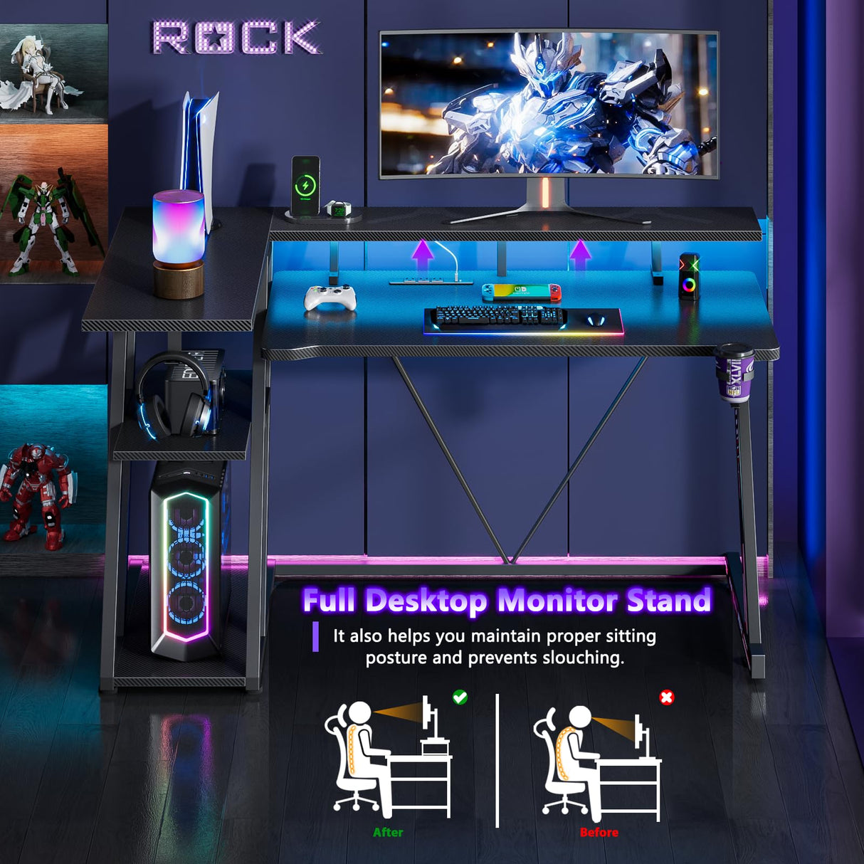 Korfile Computer Gaming Desk with Power Outlet & LED Lights, 47 Inch L Shaped Gamer Table with Storage Shelves for Bedroom, Reversible Corner Home Office Desk, Carbon Fiber Black Korfile