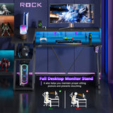 Korfile Computer Gaming Desk with Power Outlet & LED Lights, 47 Inch L Shaped Gamer Table with Storage Shelves for Bedroom, Reversible Corner Home Office Desk, Carbon Fiber Black Korfile