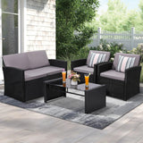 KROFEM 4 Pieces Patio Conversation Set, Outside Rattan Sectional Sofa, Cushioned Furniture Set, Wicker Sofa Ideal for Garden, Porch, Backyard, Black Color Rattan and Light Grey Cushion KROFEM