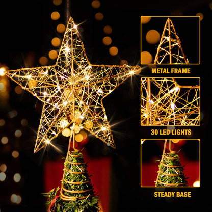 Rocinha Gold Christmas Tree Lighted Wire Topper with 30 LED Lights, 10 Inches