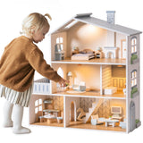 ROBUD Doll House, Wooden Dollhouse with 6 Rooms, 29-pcs Realistic Accessories, Dollhouse Playset for 4-6 Inch Dolls, Gifts for Kids & Toddlers, Nordic Style, Ages 3+ ROBUD