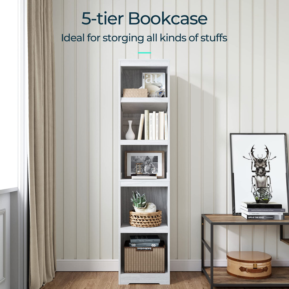 LINSY HOME 5-Shelf Bookcase, Narrow Bookshelves Floor Standing Display Storage Shelves 68 in Tall Bookcase Home Decor Furniture for Home Office, Living Room, Bed Room - White Oak LINSY HOME