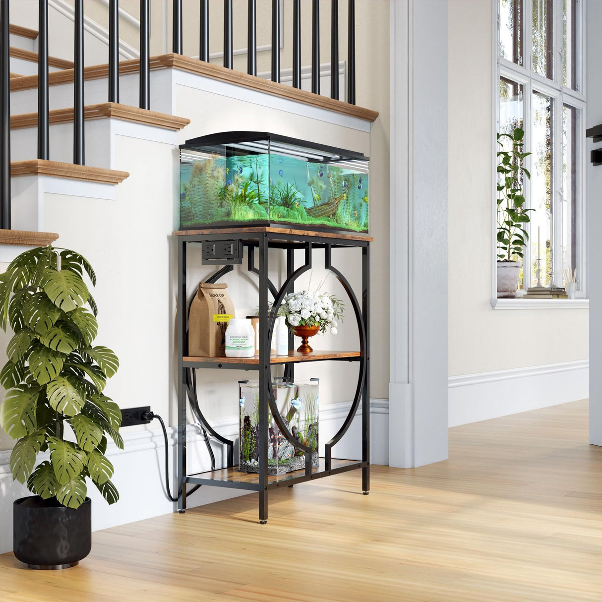 HavenlyYouth 10 Gallon Aquarium Stand with Power Outlet, 3 Tier Heavy Duty Metal Fish Tank Stand with Storage, Fish Tank Table for Home Office, 21.3" x 11.8" x 29", Rustic Brown HavenlyYouth
