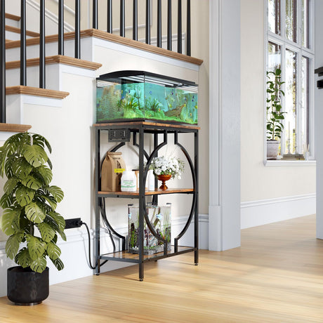 HavenlyYouth 10 Gallon Aquarium Stand with Power Outlet, 3 Tier Heavy Duty Metal Fish Tank Stand with Storage, Fish Tank Table for Home Office, 21.3" x 11.8" x 29", Rustic Brown HavenlyYouth