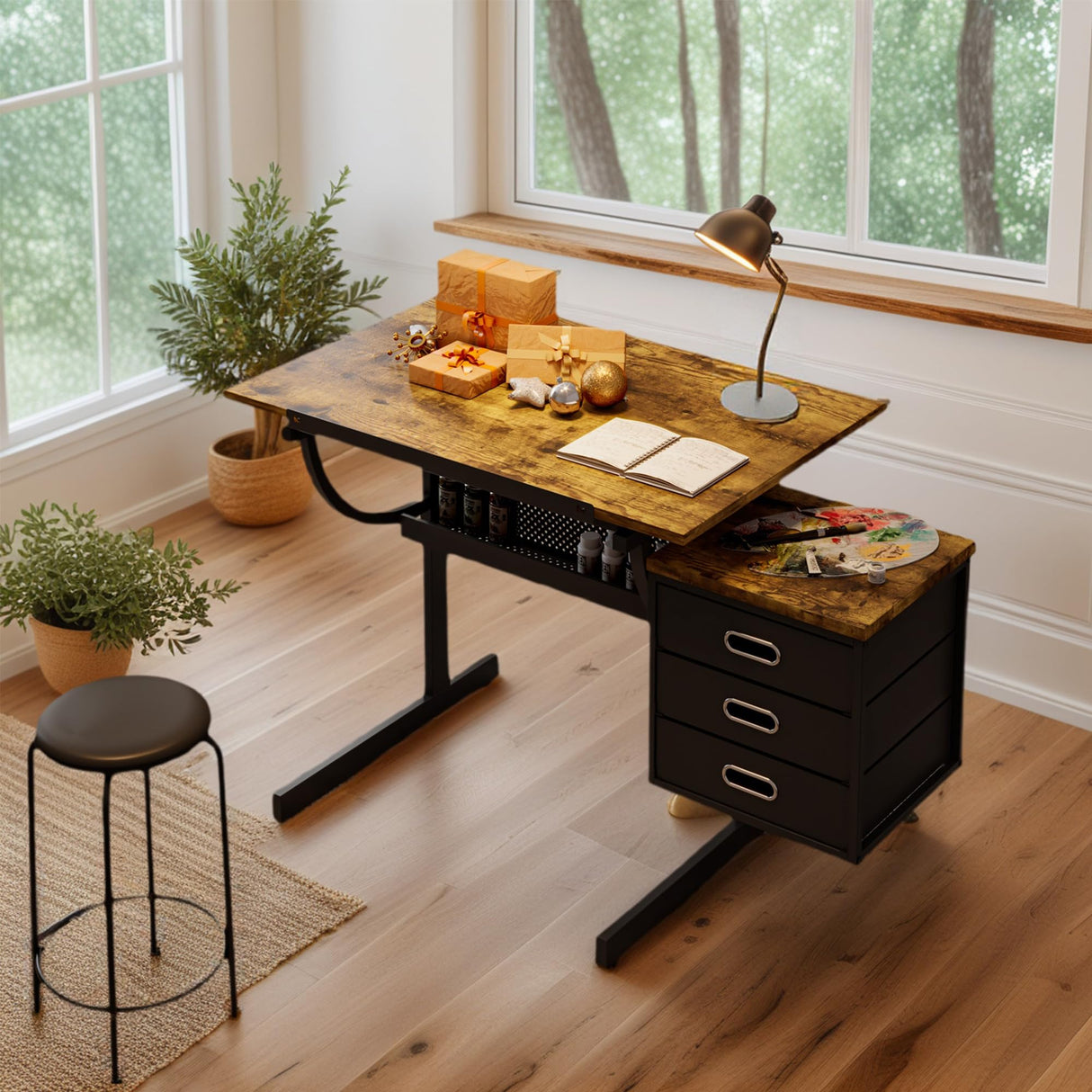 Drafting Table with Storage for Adults/Artists, Drawing Art Desk with 3 Drawers and Stool,Tabletop Adjustable Art Table Workstation for Studio Home Office School,Black KrenzhHome