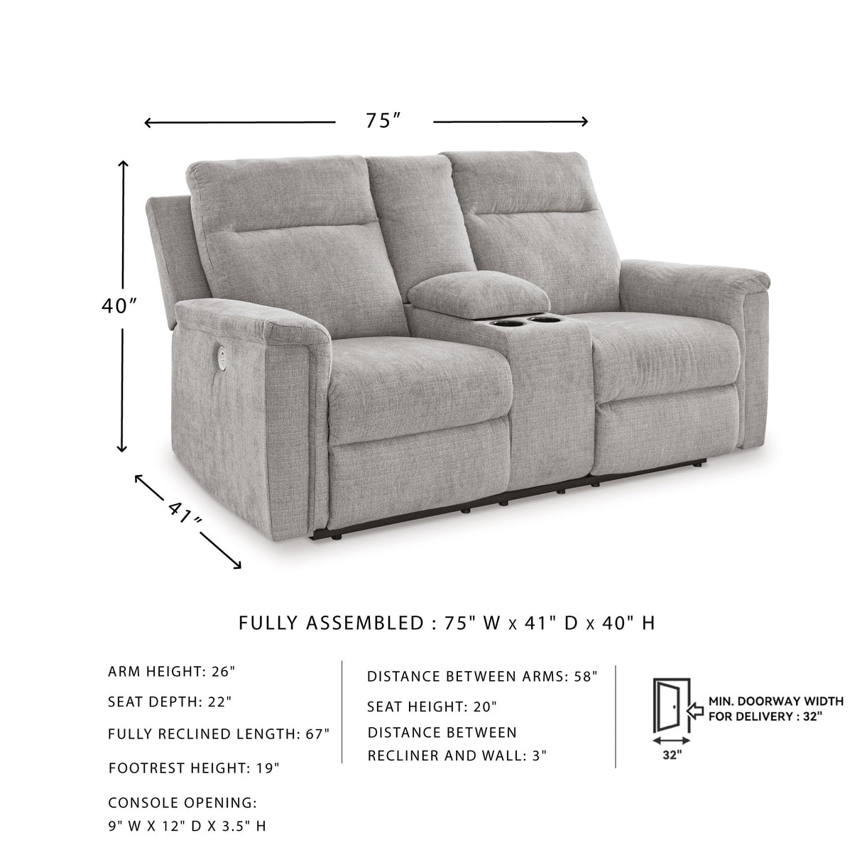 Signature Design by Ashley Barnsana Minimalist Power Reclining Loveseat with Console and USB Charging Ports, Light Gray Signature Design by Ashley