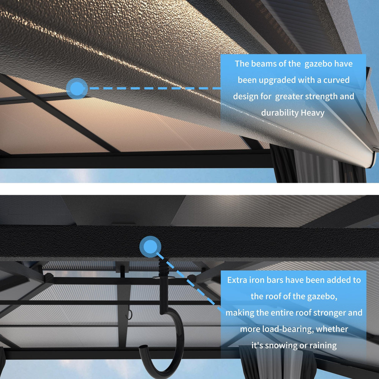 Yardenaler 12x16 FT Hardtop Gazebo Canopy with Double Polycarbonate Roof, Permanent Outdoor Pavilion with Curtain & Mesh Netting for Patio, Garden, Backyard, Gray Yardenaler