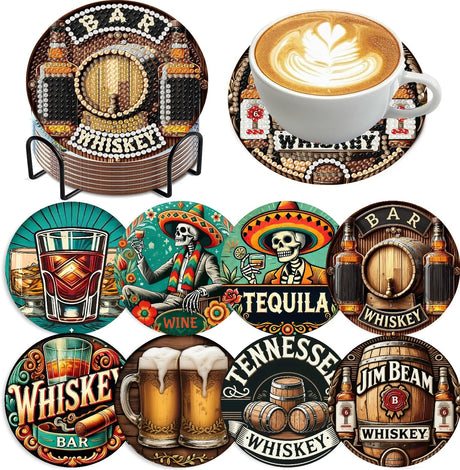 Mrnsiet 8 PCS Halloween Diamond Art Coasters Kits with Holder, 5D DIY Vintage Beer Diamond Pinting Coaster Acrylic Non Slip Coaster with Cork Pads for Tabletop Protection 10×10 CM Mrnsiet